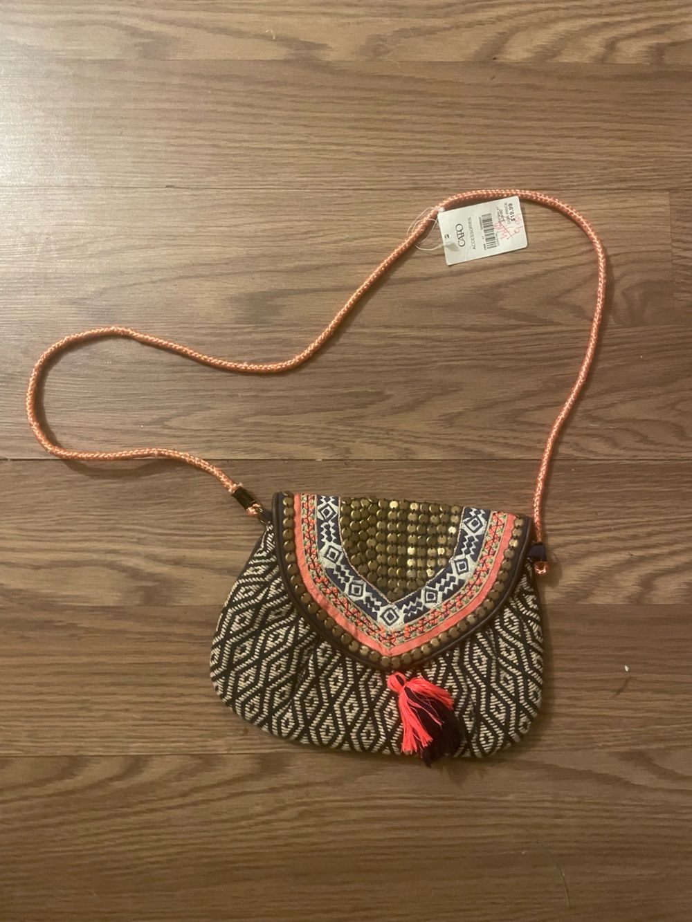 Cato Boho Embellished Crossbody in Coral and Brown